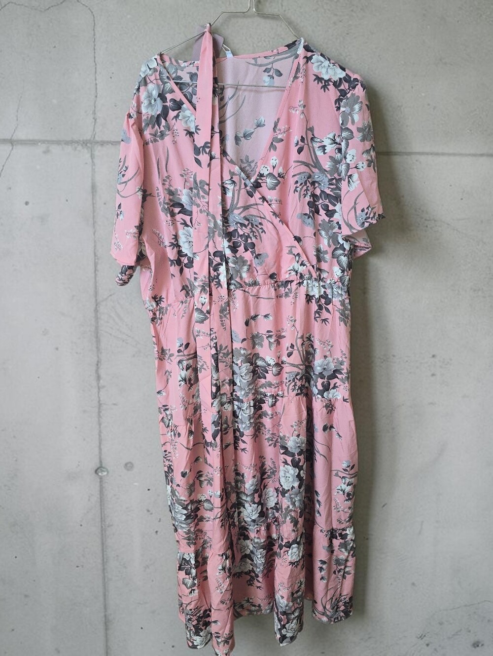 Pink Floral Midi Dress with Tie Detail